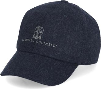 Brunello Cucinelli Blauwe wollen baseballpet met logo - Heren - Petten - Blauw - M - Wol - Accessoires