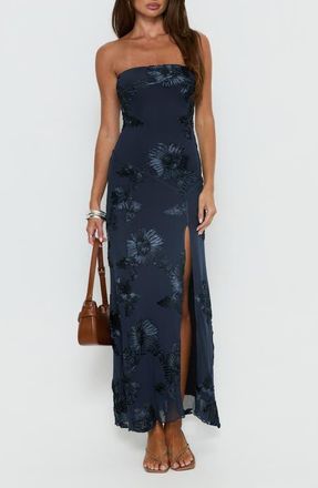 Princess Polly Maribeth Floral Appliqu&eacute; Strapless Maxi Gown in Navy at Nordstrom, Size 10