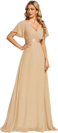 Ever-pretty Womens Double V-Neck Short Flutter Sleeves Empire Waist Elegant Chiffon Long Evening Dresses Champagne 16