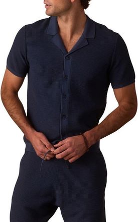 The Normal Brand Robles Birds Eye Knit Camp Shirt in Denim/Dark Navy at Nordstrom, Size Medium