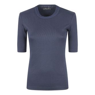 Fabiana Filippi Round-neck Knitwear, female, Blue, Size: M Macram&eacute; Ribbed T-Shirt