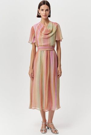 Exquise Sahra Cowl Neck Short Sleeve Striped Midi Dress in Multi Color at Nordstrom, Size X-Large