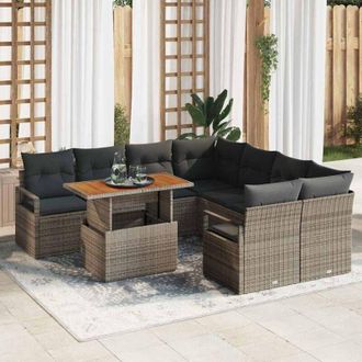 vidaXL Vidaxl - Conjunto De Comedor De Jard&iacute;n Con Coj&iacute;n 9 Pcs Gris, Marr&oacute;n