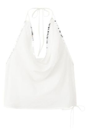 Mango Sequin Drape Halter Top in Off White at Nordstrom, Size Medium