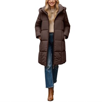 Generic Coffee Womens Long Puffer Coat Thickened Winter Down Jacket with Hood Warm Windproof Mid-Length Quilted Thermal Parka Solid Colour Full Zip Longline C