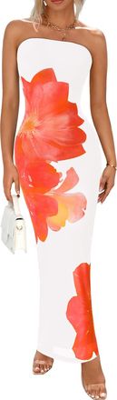 PrettyGarden Women Summer Strapless Maxi Dress Bodycon Floral Sexy Long Wedding Guest Dress Formal Tube Mesh Cocktail Dresses, White Orange Floral, L