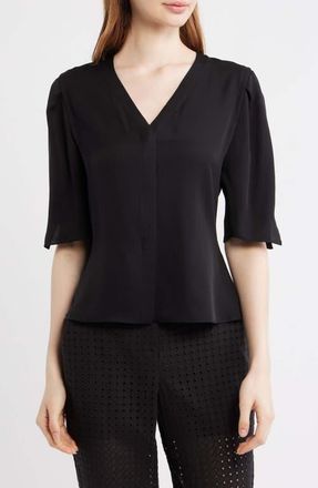 Theory Round Sleeve Silk Button-Up Top in Black at Nordstrom, Size Large