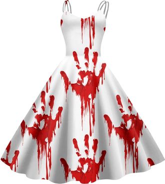 Generic Halloween Dress for Women UK Sleeveless Gothic Dress Women Rockabilly Retro 1950s Spaghetti Strap Swing A-Line Dresses Cocktail Party Evening Prom Gow