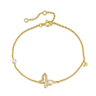 Rachel Glauber Ra 14k Yellow Gold Plated With Mother Of Pearl & Diamond-like Cubic Zirconia Butterfly Charm Rope Bracelet W/ Adjustable Extension Chain