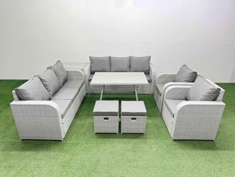 Fimous Rattan High Back Lounge Sofa Set with Reclining Chairs Side Table in Light Grey