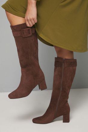 Wallis Womens Hawthorn Faux Suede Covered Buckle Detail Square Toe Medium Block Heel Knee Boots - Chocolate - Size UK 8