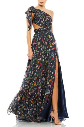 Mac Duggal Tied One Shoulder Cut-Out Flowy Gown in Navy Multi at Nordstrom, Size 12