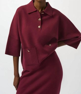 Joseph Ribkoff Collared 3/4 Sleeve Boxy Sweater Top In Merlot