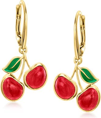 Ross-Simons Ruby Cherry Drop Earrings With Green Enamel in 18kt Gold Over Sterling