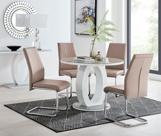 Furniturebox Giovani Round 4 Seat 100cm White High Gloss Unique Halo Base Grey Glass Top Dining Table 4 Soft Faux Leather Lorenzo Chairs in Beige
