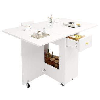 STILVORA Mesa De Comedor Para 2-4 Personas Con 2 Alas Abatibles, 2 Cajones Y Ruedas Con Freno, De Mdf, 120 X 75 X 75 Cm, Blanco