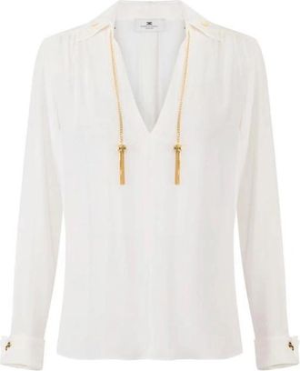 Elisabetta Franchi Blouse in Georgette met Juweeldetails - Dames - Blouses - Wit - L - Overhemden
