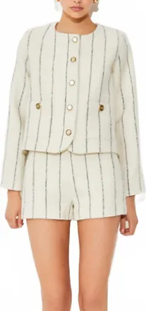 Suncoo Diane Collarless Striped Button Up Jacket In White And Black