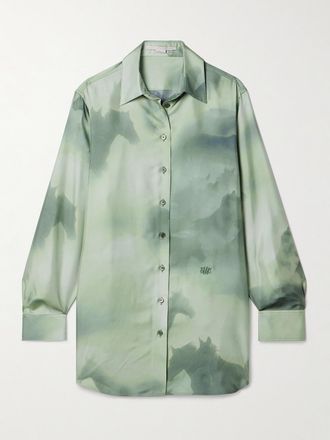 Stella McCartney Camicia Oversize In Twill Di Seta Biologica Stampata - Verde