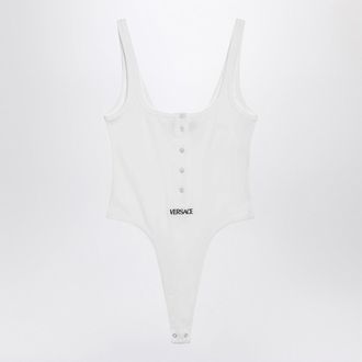 Versace White High Cut Bodysuit With Embroidered Logo