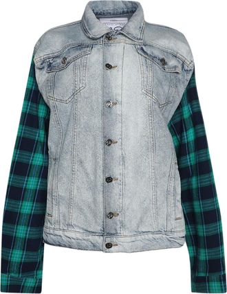 Natasha Zinko check sleeve denim jacket - women - Cotton - S - Blue
