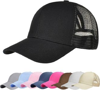 Heekpek Women Baseball Cap Messy Bun Ponytail Half Mesh Adjustable Cap Summer Hat (Black)(Size: One Size)