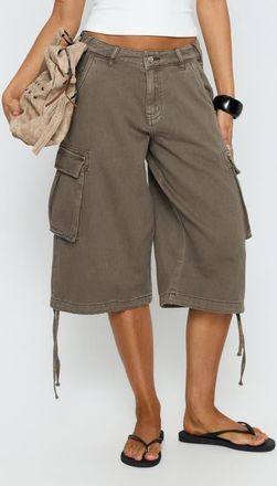 Princess Polly Hudsen Low Rise Longline Denim Cargo Shorts in Khaki at Nordstrom, Size 12
