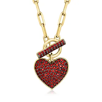 Ross-Simons Garnet Heart Toggle Necklace in 18kt Gold Over Sterling