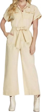 She + Sky Short Sleeve Button Front Jumpsuit In Ecru