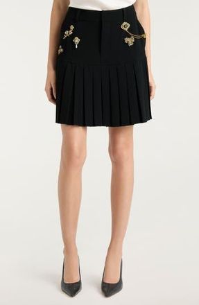 Cinq &agrave; Sept Brooch Embellished Pleated Miniskirt in Black at Nordstrom Rack, Size 10