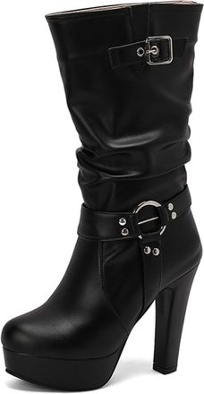 Generic Womens Mid Calf Ruched Platform High Heel Boots Round Toe Faux Leather Metal Buckle Slip On Bold Color Retro Style Comfortable Durable For Daily Casua