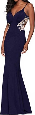 Faviana Jersey Cutout With Applique Gown In Navy/gold