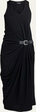 Tom Ford Buckle Gathered Crepe Jersey Sleeveless Midi Dress