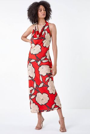 Roman Floral Print Satin Bias Cut Bodycon Dress