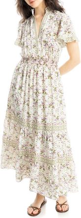 Max Studio Smocked Flutter Sleeve Maxi Dress in Cream/Pink Bloom Interlace at Nordstrom Rack, Size X-Large