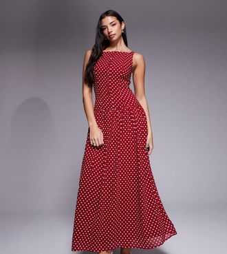 KAIIA Esclusiva Kaiia - Vestito lungo con vita scesa e scollo squadrato alto rosso e bianco a pois con bottoni