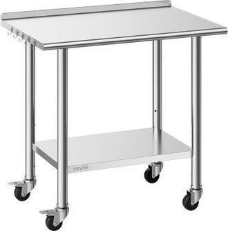OEM Mesa De Trabajo De Acero Inoxidable 2 Niveles, Mesa De Preparaci&oacute;n Con Ruedas 91,5 X 61 X 89,4 Cm, Estante Inferior Ajustable, Protector Contra Salpic