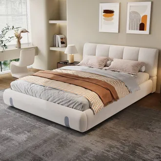 Merax White 4ft6 Double Velvet Upholstered Bed Frame in Cream
