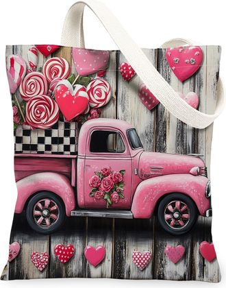 Generic Peach Hearts Canvas Tote Bags, Floral Truck Pattern Reusable Grocery Bags, Valentines Lightweight Washable Shoulder Strap for Travel Picnic 13x15 Inch