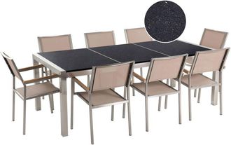Beliani Conjunto De Comedor De Jard&iacute;n Beige Con Mesa 220 X 100 Cm De Granito Negro 8 Sillas Grosseto