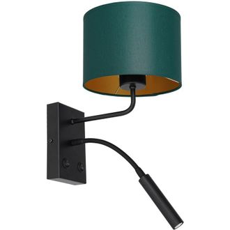 OEM Aplique De Pared Negro Con Pantalla Verde E Interior Dorado, L&aacute;mpara De Lectura, 2 Interruptores, Arden 1xe27+g9 15w+8w Luminex