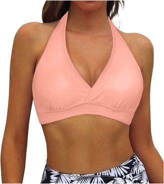 Generic Women Bikini Top Swimming Costom Women Sexy Halter V Neck Lace Up Swim Top Swim Bra Swimwear Tops Plain Underwire Full Coverage BikiniPush UpCropTie B