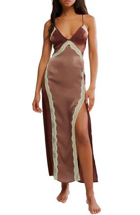 Free People Some Kind of Love Lace Trim Open Back Nightgown in Mink Combo at Nordstrom, Size X-Large