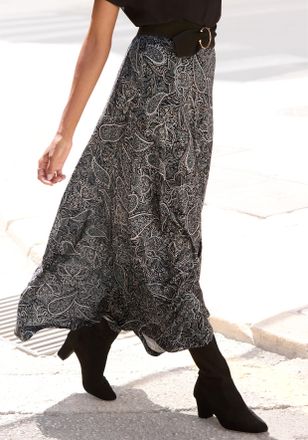 Lascana Maxirock LASCANA, Damen, Gr. 34, blau (schwarz, grau, creme bedruckt), Jersey, Obermaterial: 100% Viskose, Paisley, bedruckt, figurumspielend, R&ouml;cke M