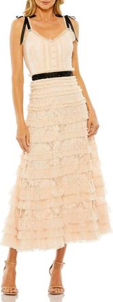 Mac Duggal Thin Beaded Bow Strap Multi Ruffle Lace Dress in Porcelain at Nordstrom, Size 12