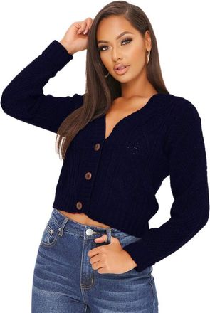 Crazy Girls Womens Ladies Long Sleeve 3 Button Cropped Chunky Aran Cable Knitted Grandad Cardigan (12-14, Navy)