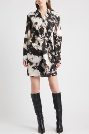 Nordstrom Tie Waist Long Sleeve Shirtdress in Black- Ivory Celeste Abstract at Nordstrom Rack, Size Xx-Small