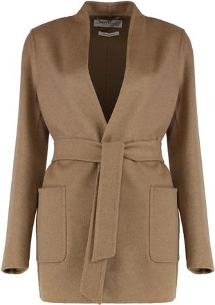 Max Mara Wool Blend Shawl Collar Belted Coat - Dames - Jas met riem - Beige - XS - Wol - Jassen
