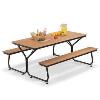 Costway Costway Outdoor Dining Table & 2 Benches Picnic Table Bench Set w/ Umbrella Hole in Brown