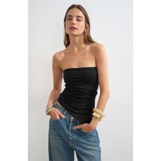 Topshop Strapless Ruched Side Slit Stretch Cotton Top in Black at Nordstrom, Size X-Small